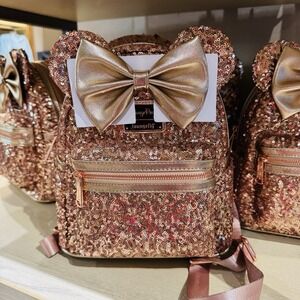 NEW Loungefly Disney Parks Rosegold Mini Backpack Minnie Mouse Ears Bow Sequin
